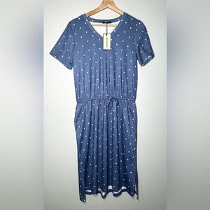NWT Huskary Casual Midi T-shirt Dress Women’s Blue Polka Dot Size Medium